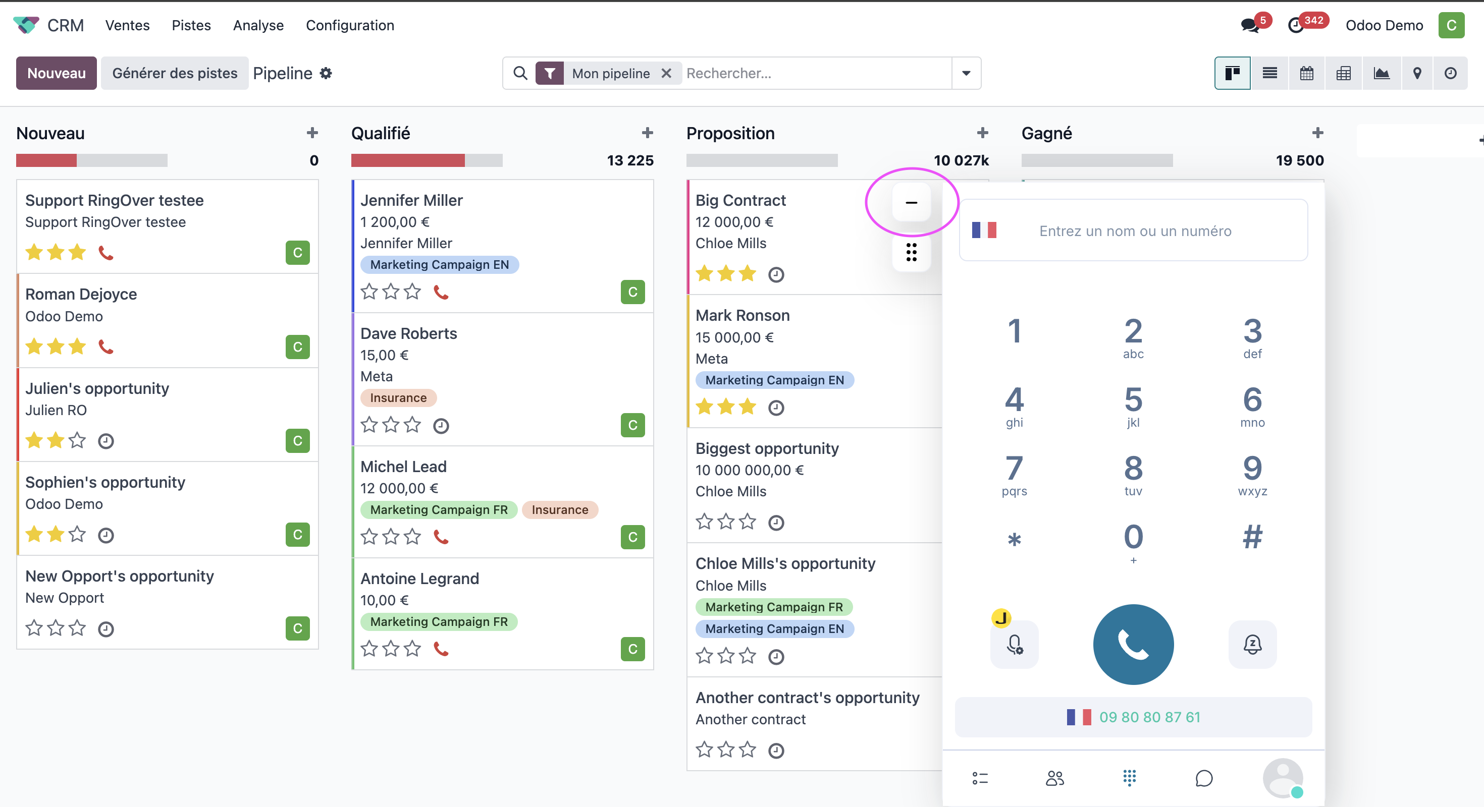 Bouton permettant de réduire le dialer Ringover