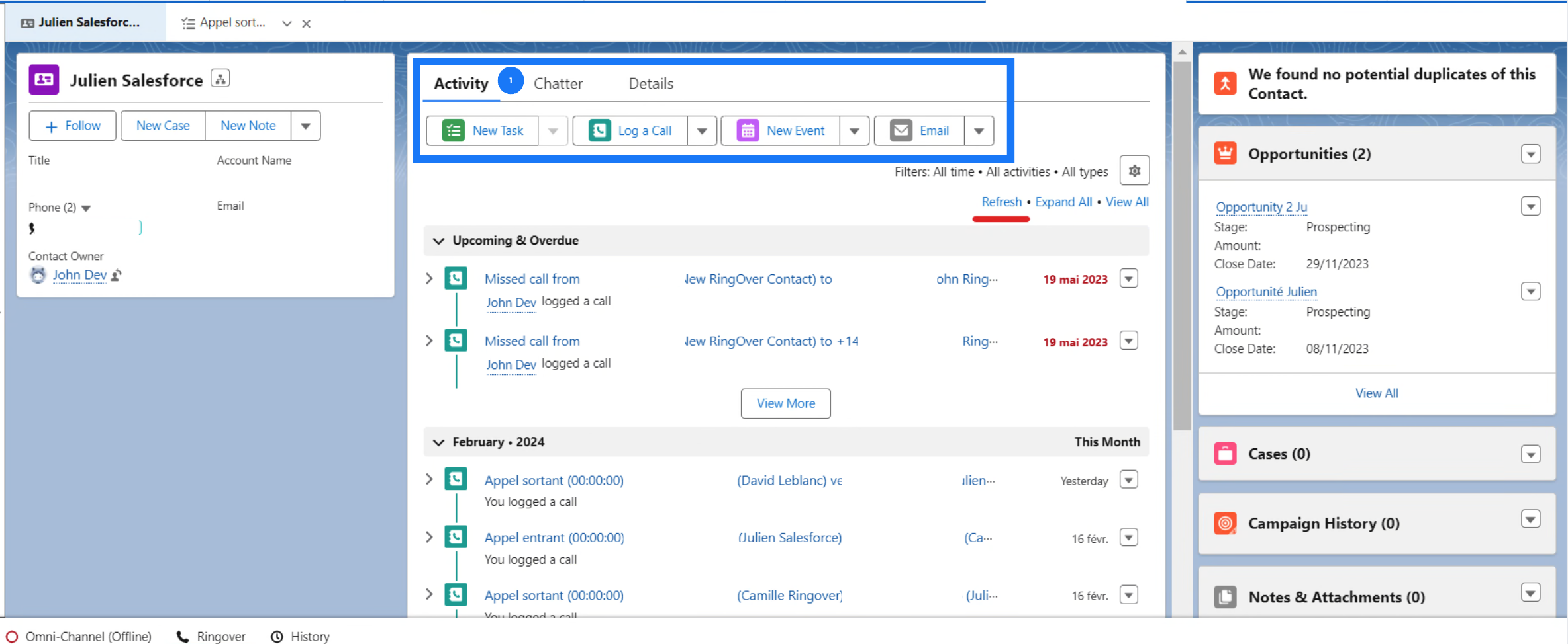 Activité d’appel sur une fiche Salesforce