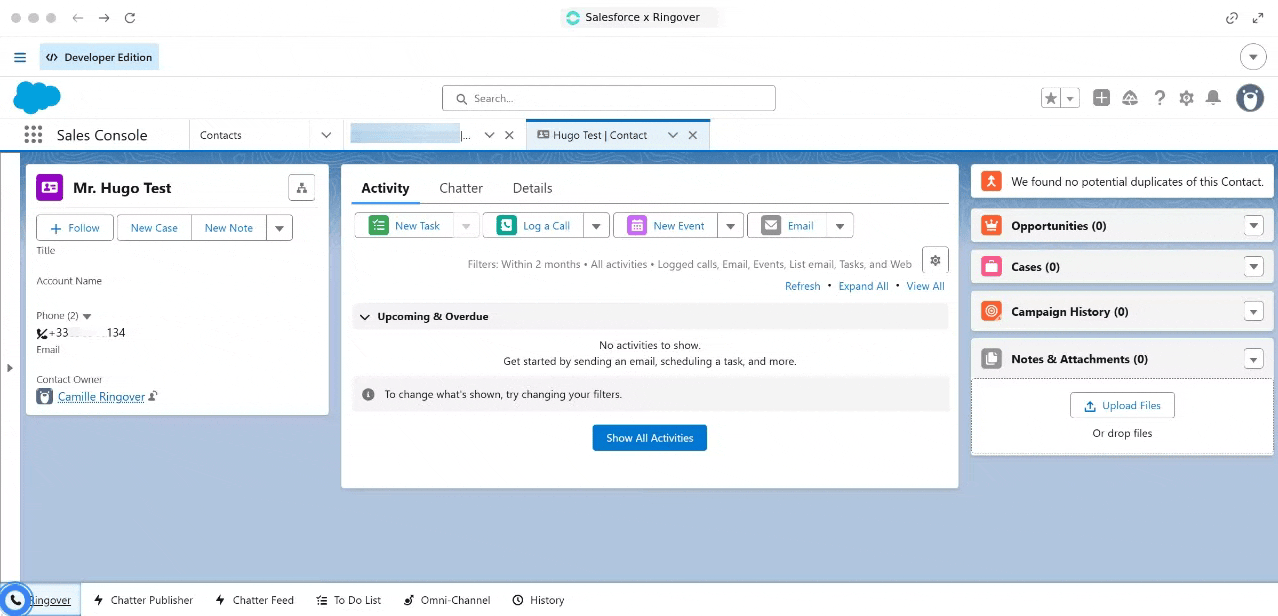 Ringover dialler in the Salesforce interface