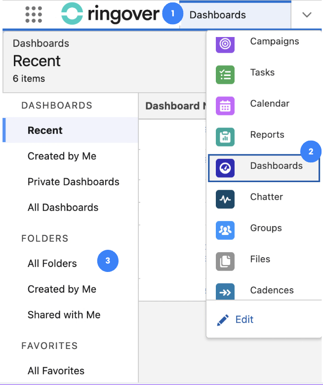 Navegación hasta el panel de Ringover en Salesforce