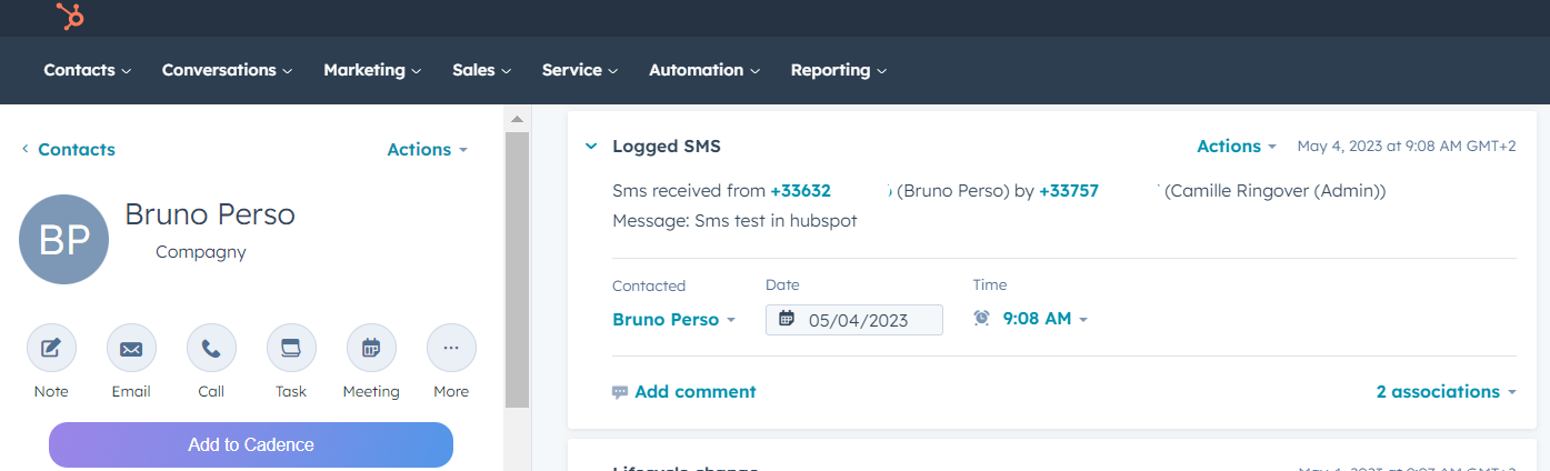 Historique des appels et des messages Ringover dans le fil d’activité d’un contact HubSpot