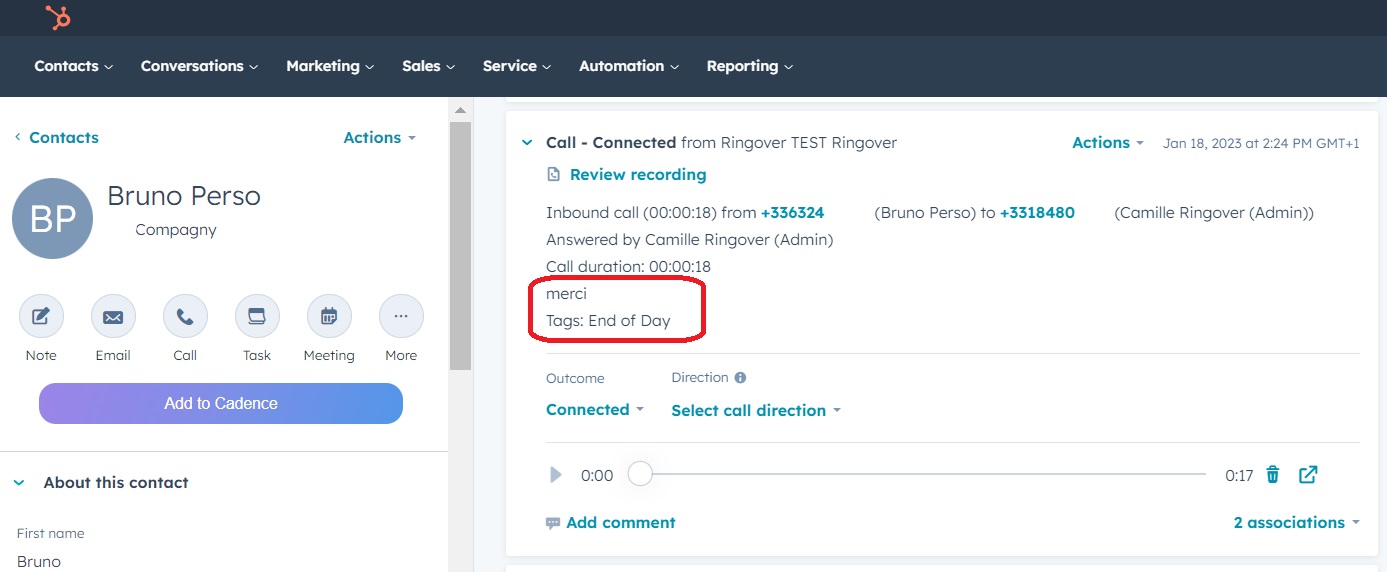 Notes, tags et commentaires d’un appel Ringover affichés dans une activité HubSpot