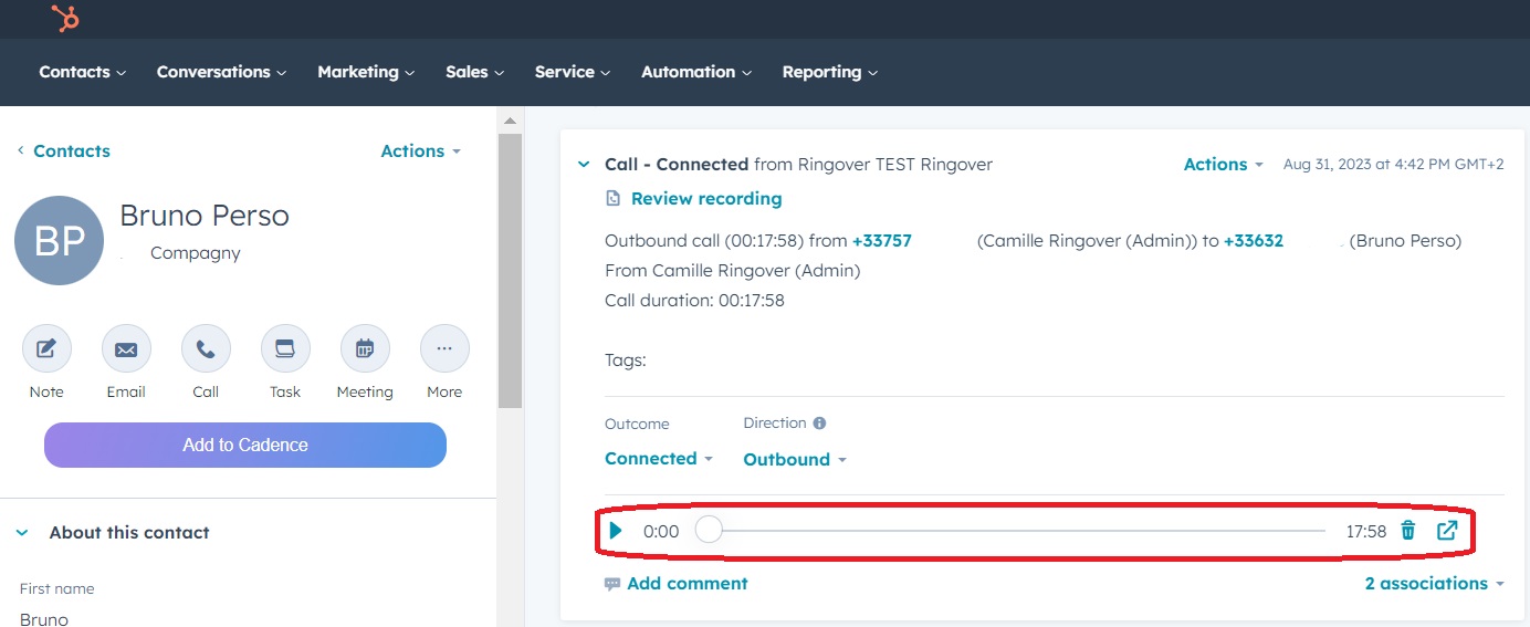 Section de lecture d’un appel dans une activité HubSpot, avec l’icône d’ouverture dans une nouvelle fenêtre mise en évidence