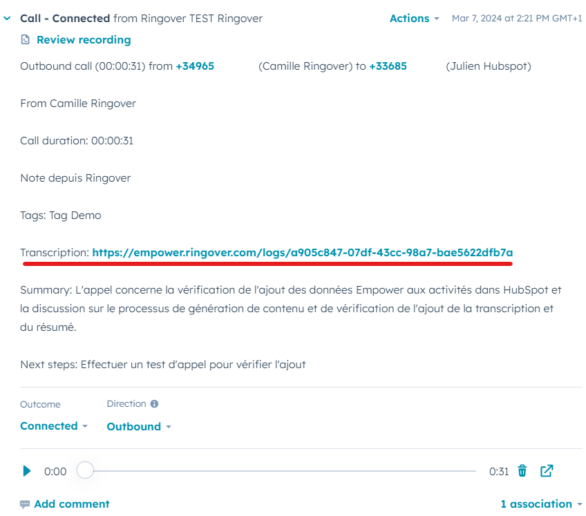 Lien vers la transcription Empower sous les notes et les tags dans une activité d’appel HubSpot