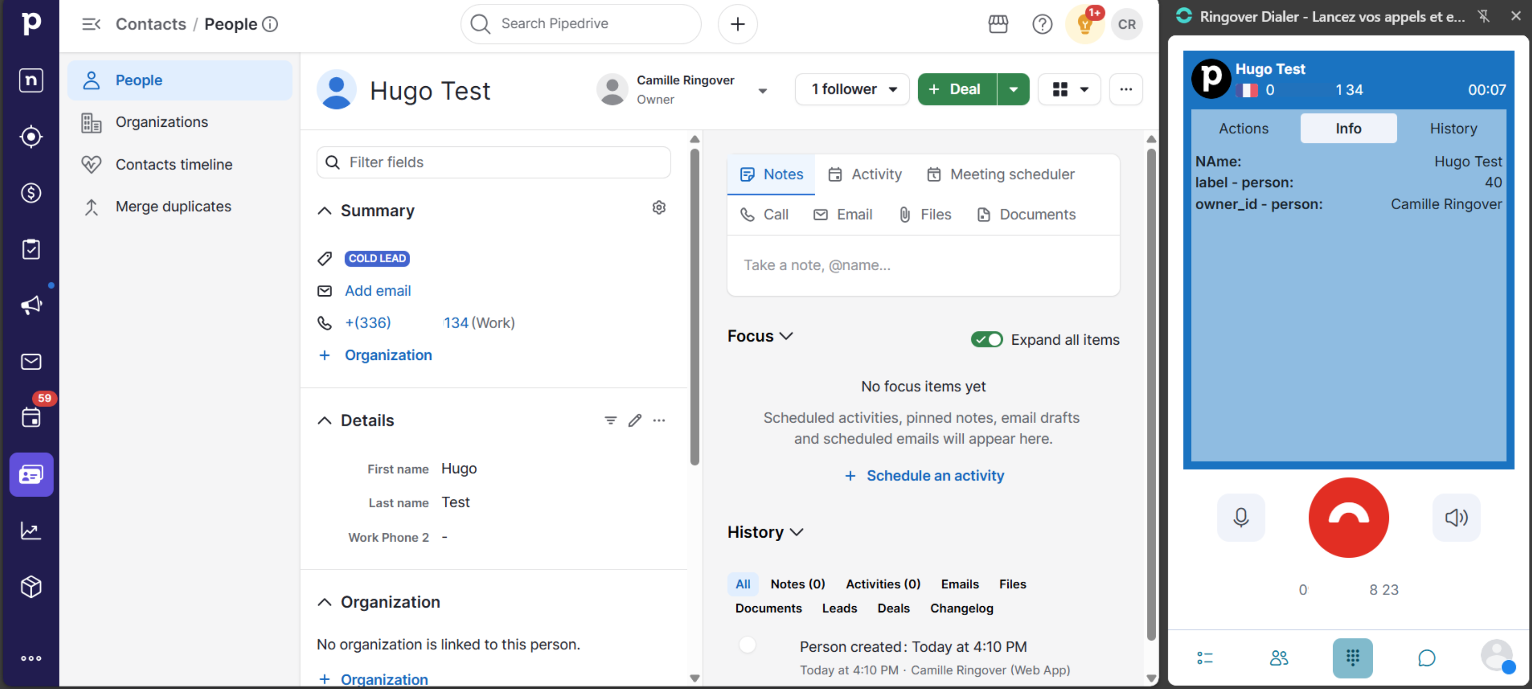 Informations du contact dans le dialer Ringover pendant un appel Pipedrive