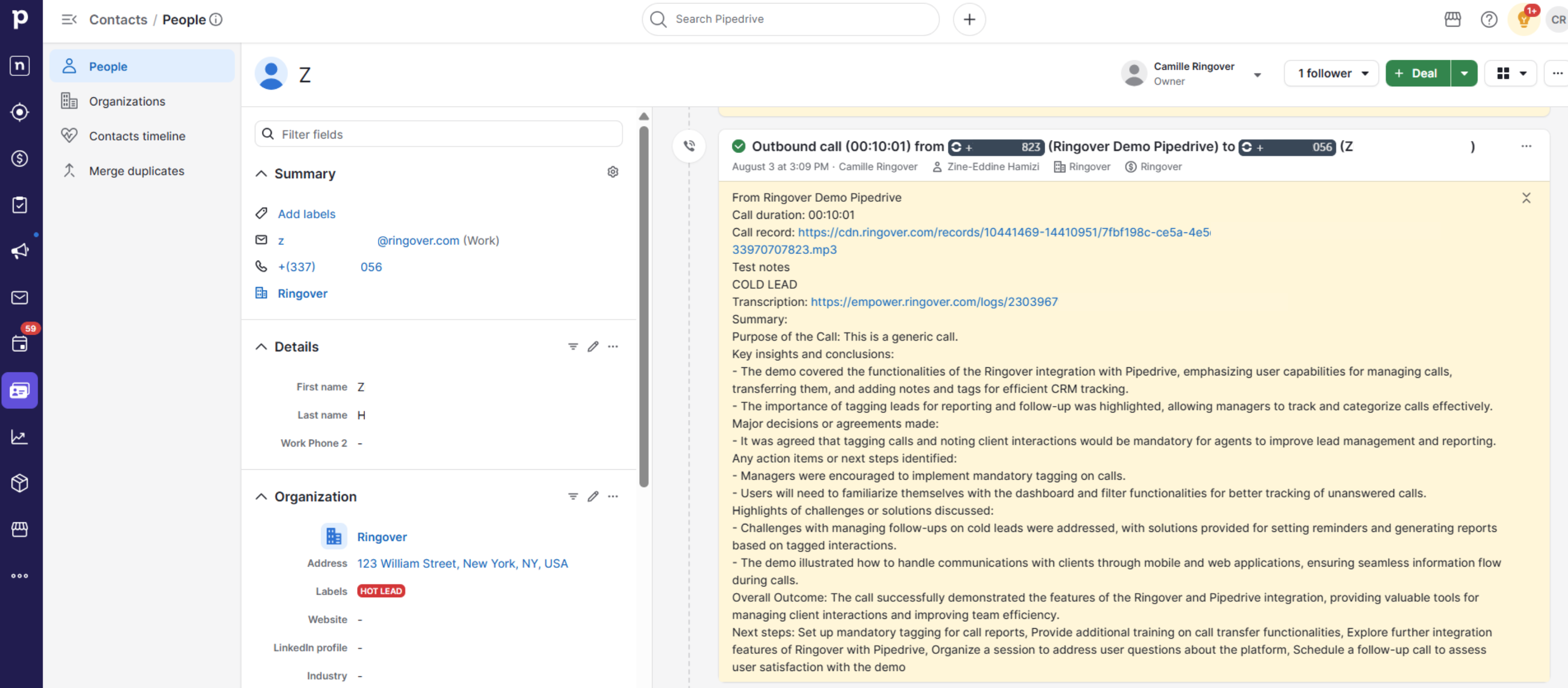 Activité d’appel Ringover sur la fiche d’un contact Pipedrive