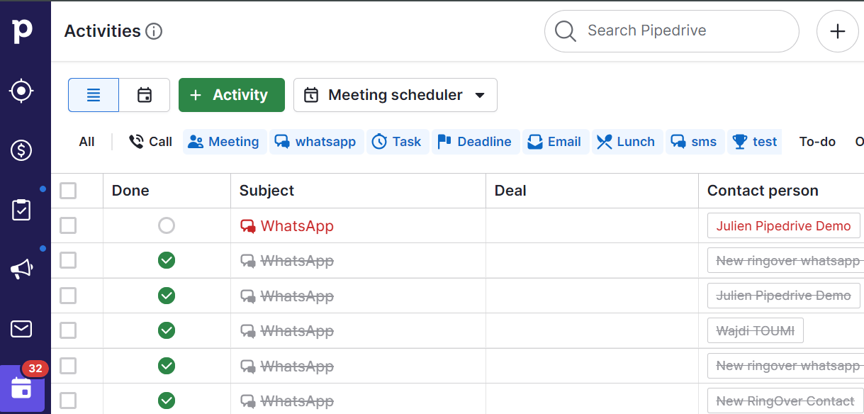 Historique des appels et des messages dans les activités Pipedrive