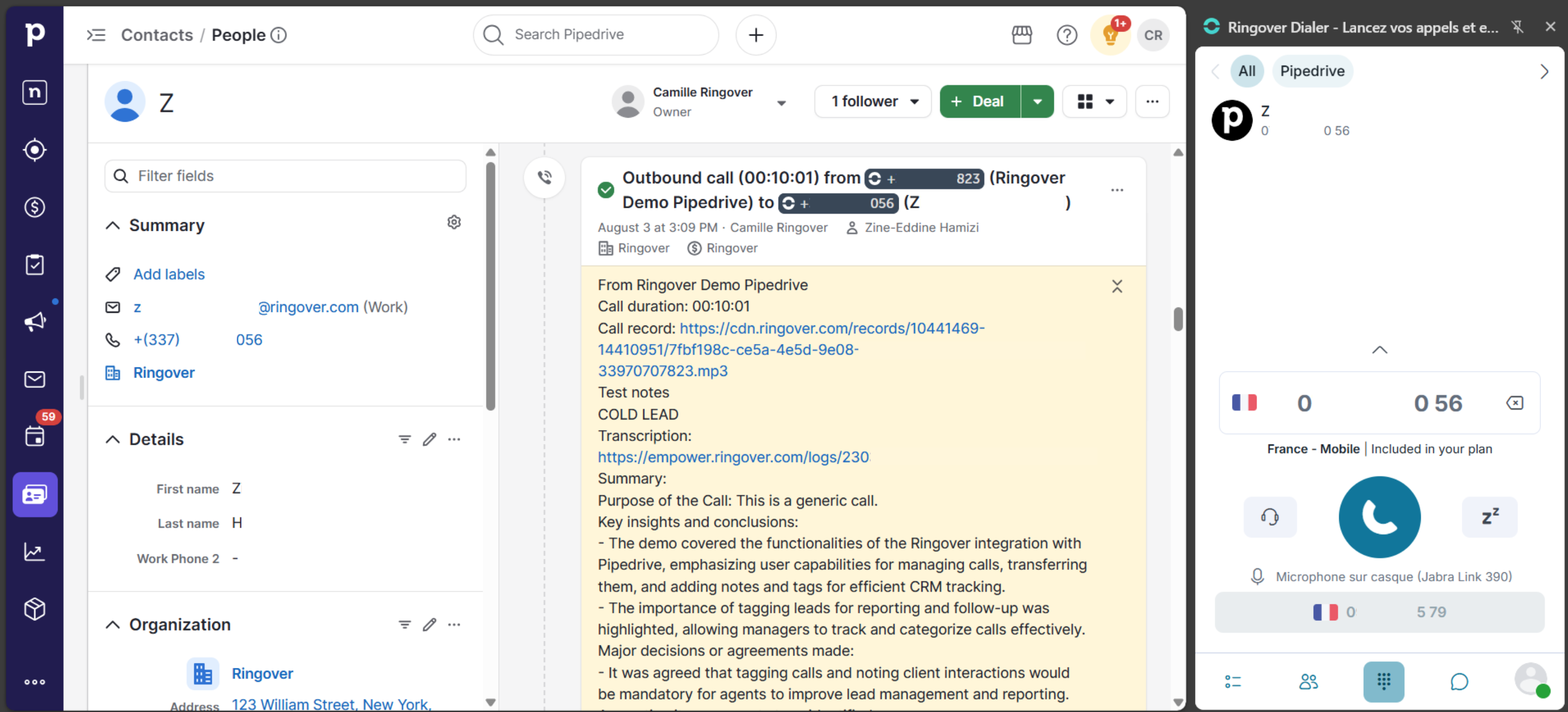 Lancement d’un appel Ringover depuis la fiche d’un contact Pipedrive