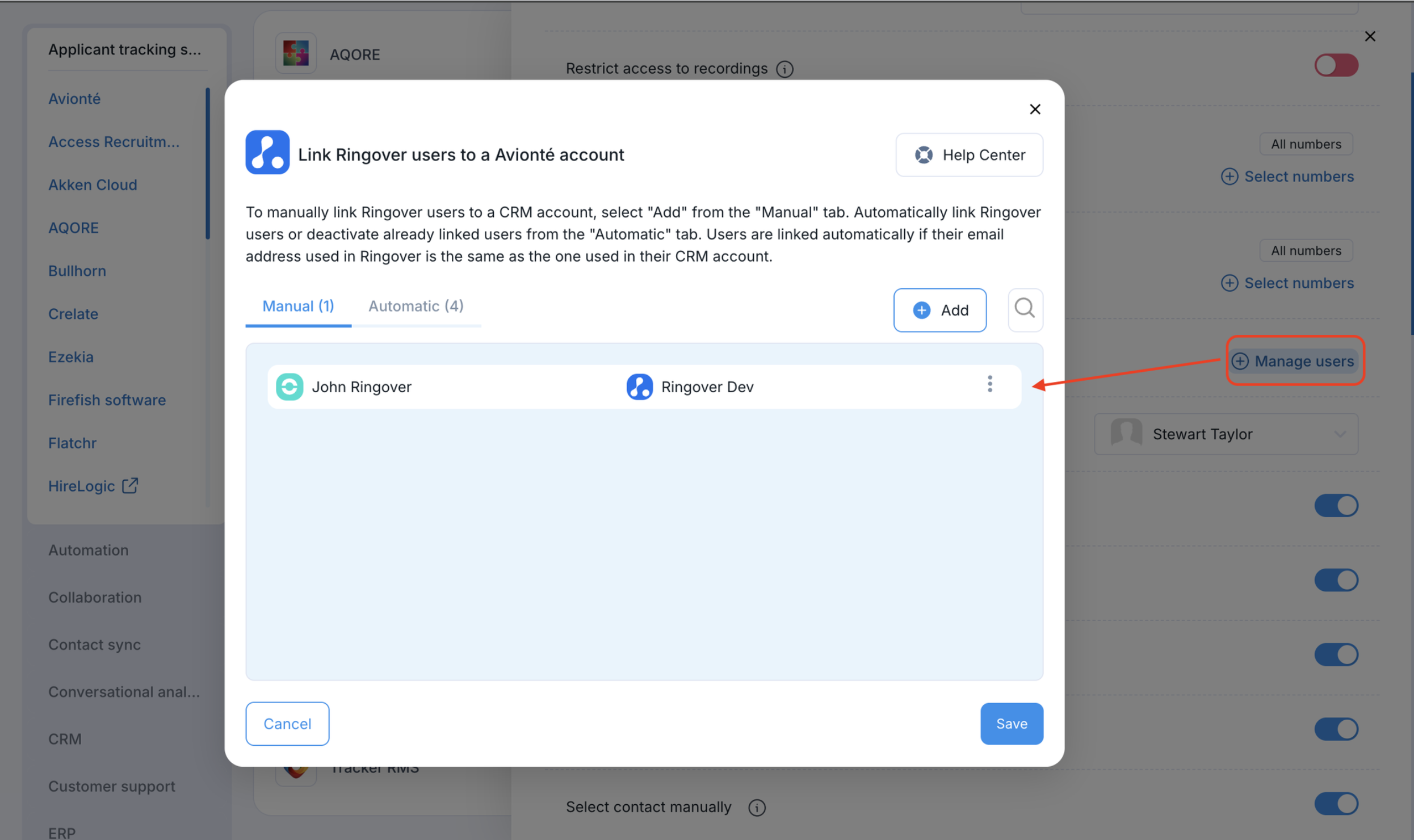 Ringover user mapping to Avionté users