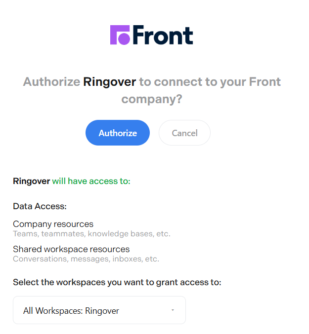 Authorisation to connect Ringover to Front