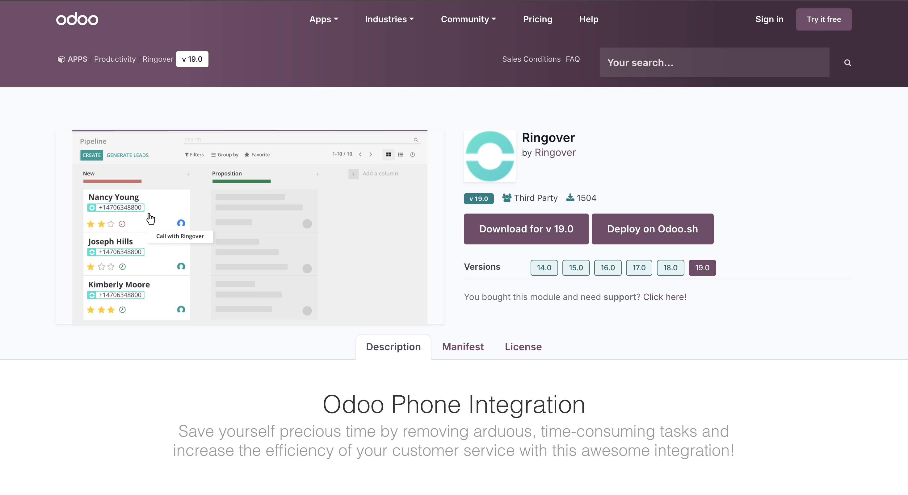 Module Ringover Dialer dans l’Odoo Apps Store