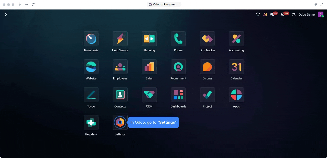GIF que muestra cómo instalar el módulo Ringover Dialer en Odoo