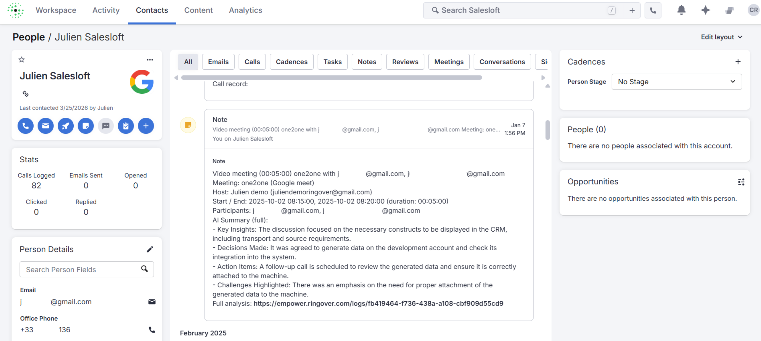 Ringover communication activities in a Salesloft contact record