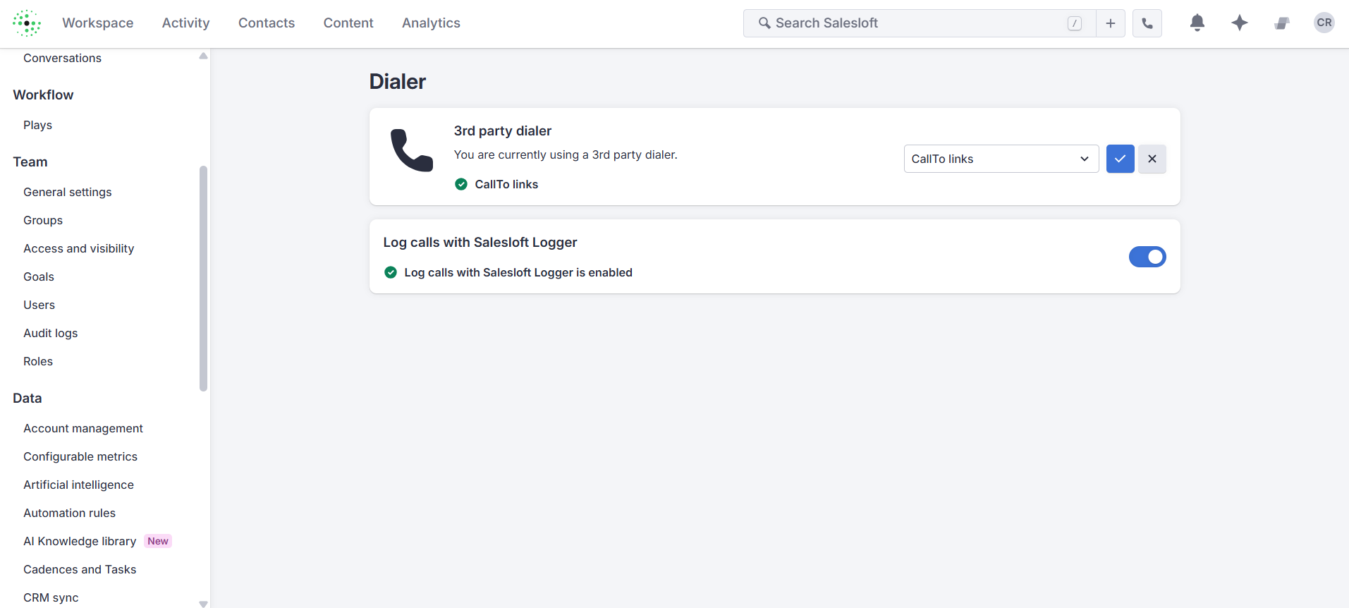 Paramètres du dialer Salesloft pour le click-to-call Ringover