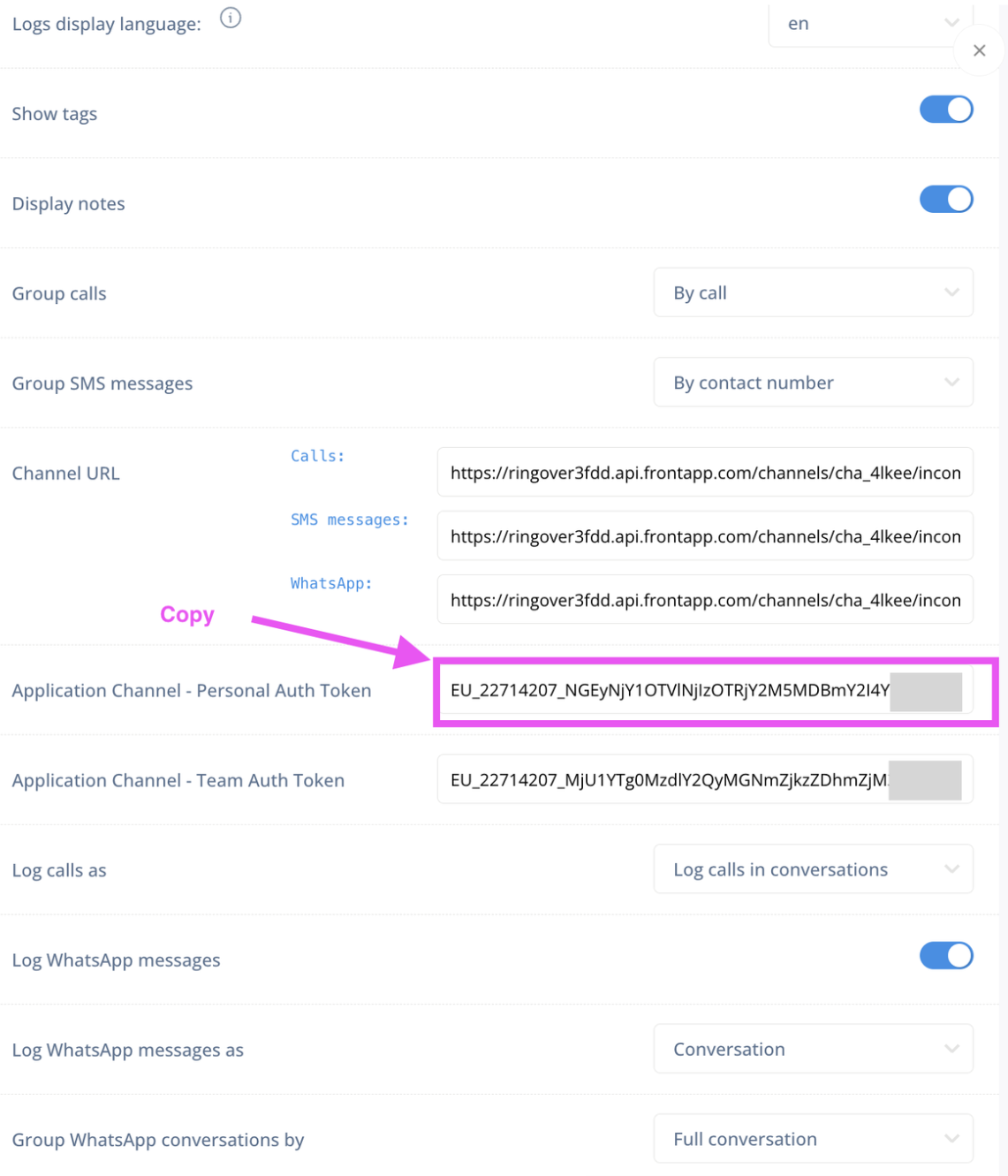 Personal authentication token for the Ringover SMS channel