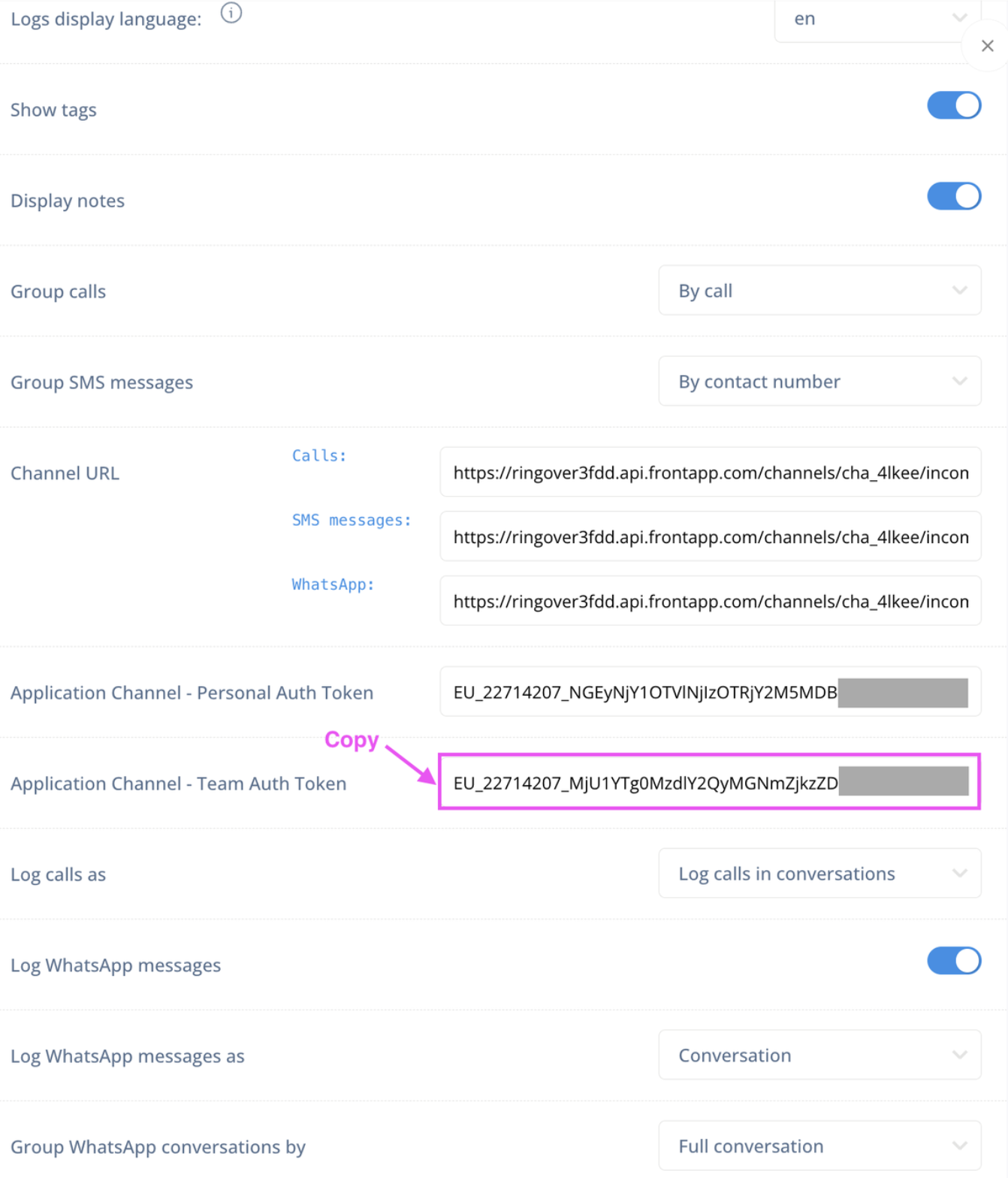 Team authentication token in the Front integration settings