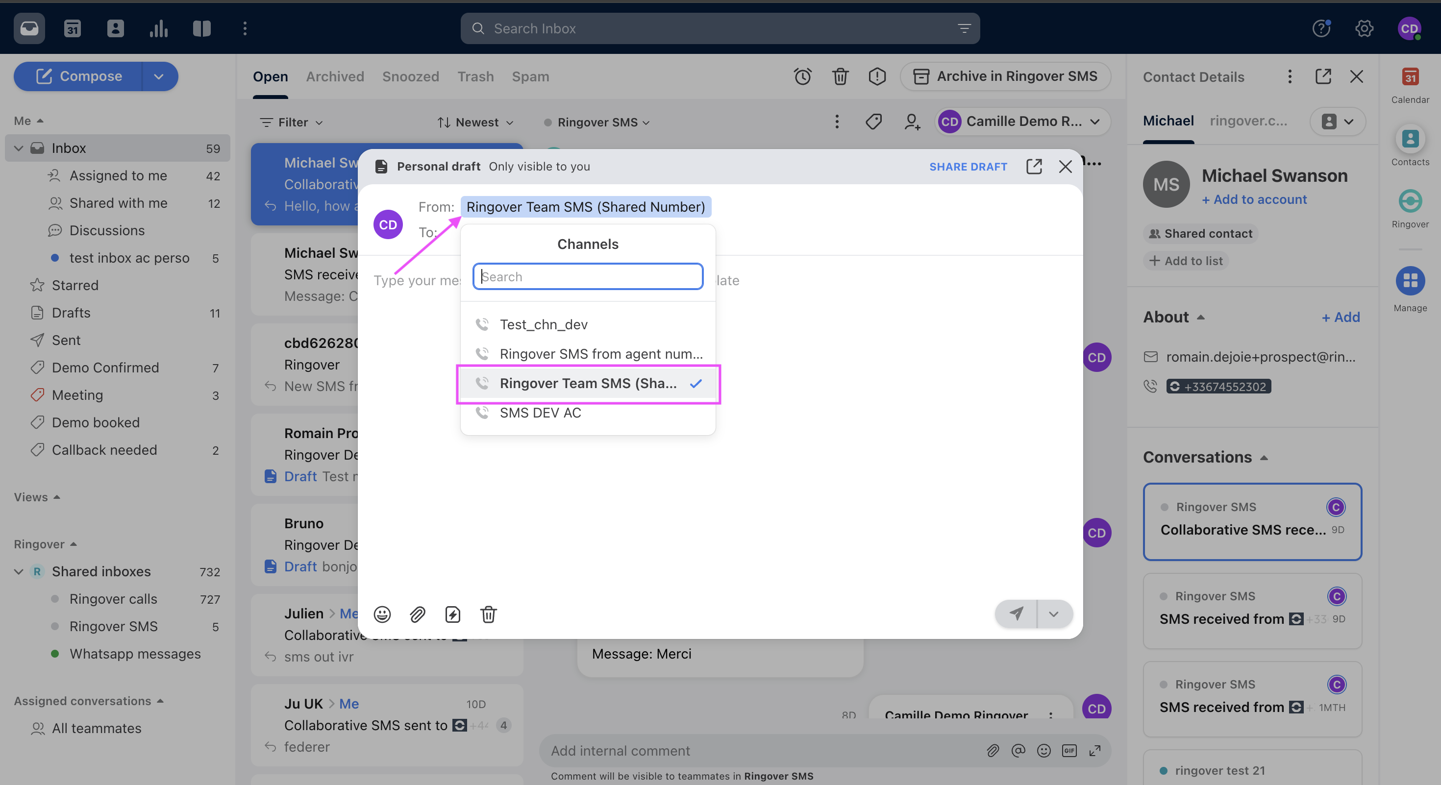 Select a Ringover SMS channel in the From menu