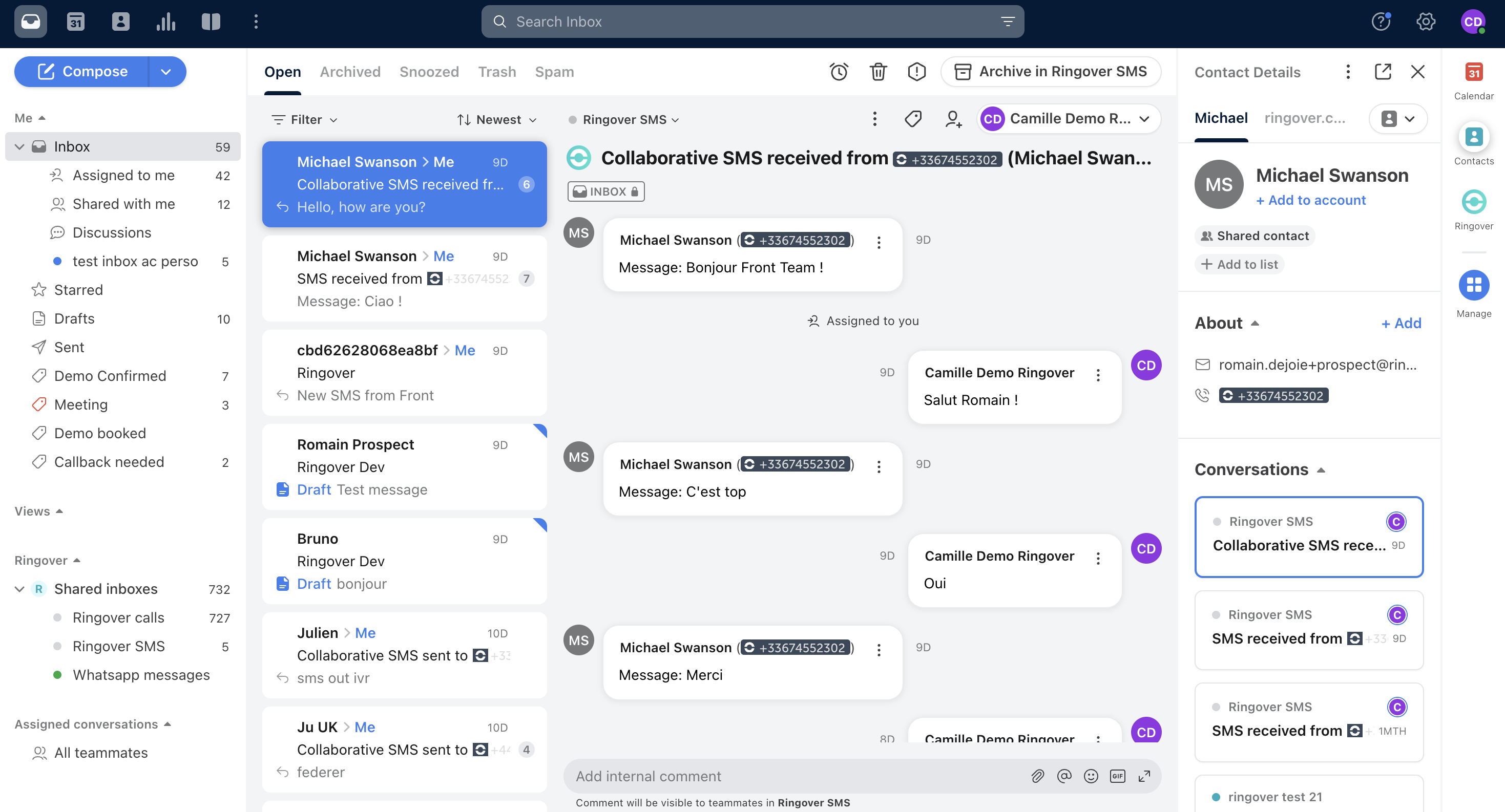 SMS colaborativos del equipo en Ringover